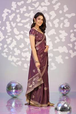 purple crepe embroidery work pre draped saree 4