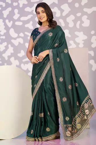 green color crepe fabric embroidery work ready to wear saree