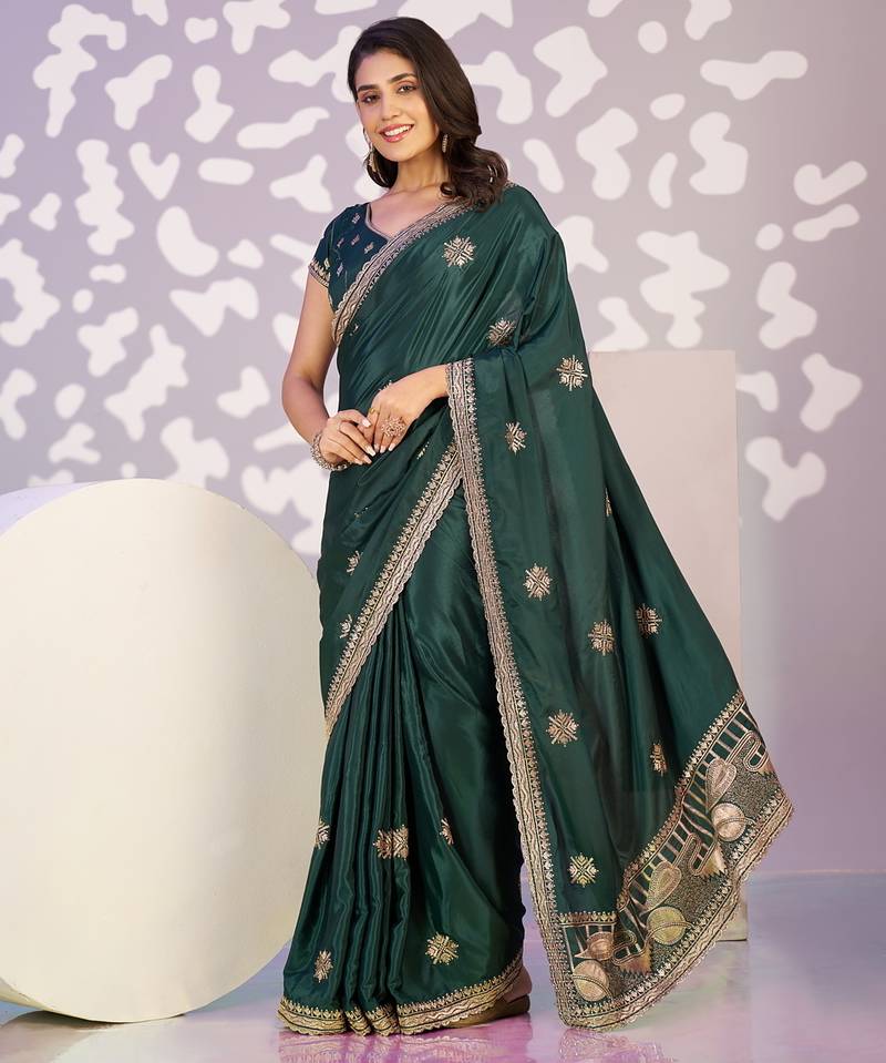 green color crepe fabric embroidery work ready to wear saree
