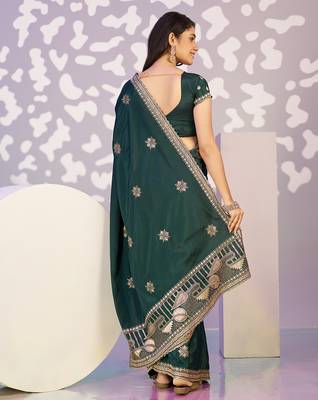 green crepe embroidery work ready made saree 2