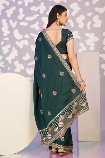 green crepe embroidery work ready made saree