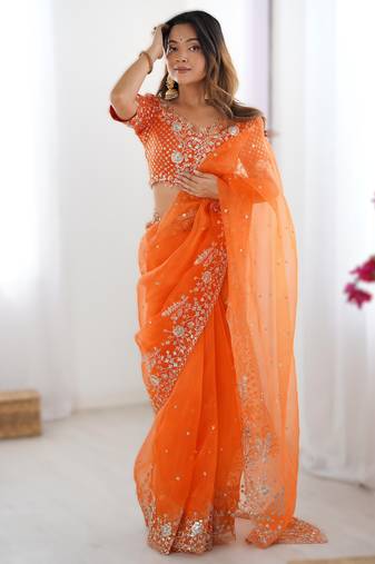 Orange heavy organza silk saree with thread & sequin embroidery