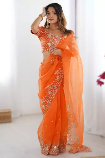 Orange heavy organza silk saree with thread & sequin embroidery