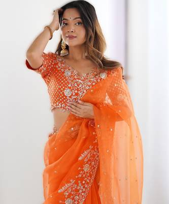 Orange organza silk blend saree with thread & sequin embroidery 2