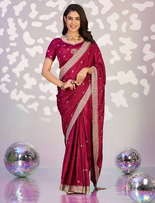 red crepe embroidery work pre-stitched saree 1