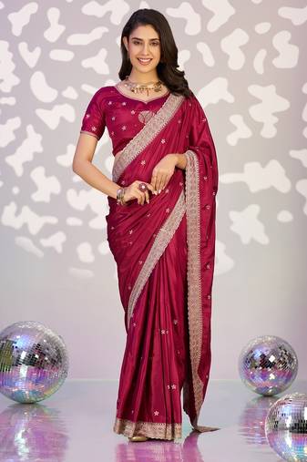 red color crepe fabric embroidery work ready to wear saree