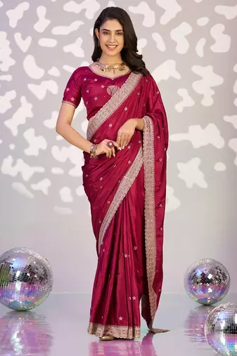 red color crepe fabric embroidery work ready to wear saree