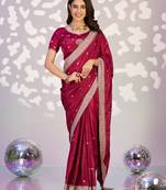 red color crepe fabric embroidery work ready to wear saree