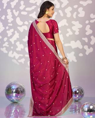 red crepe embroidery work pre-stitched saree 2