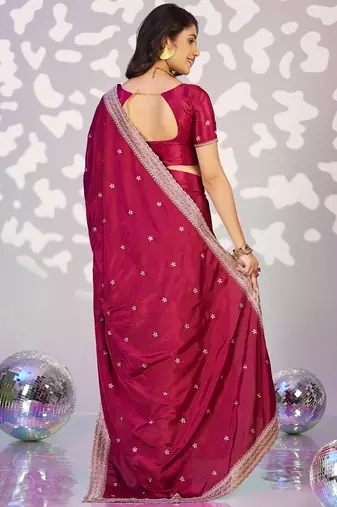 red color crepe fabric embroidery work ready to wear saree