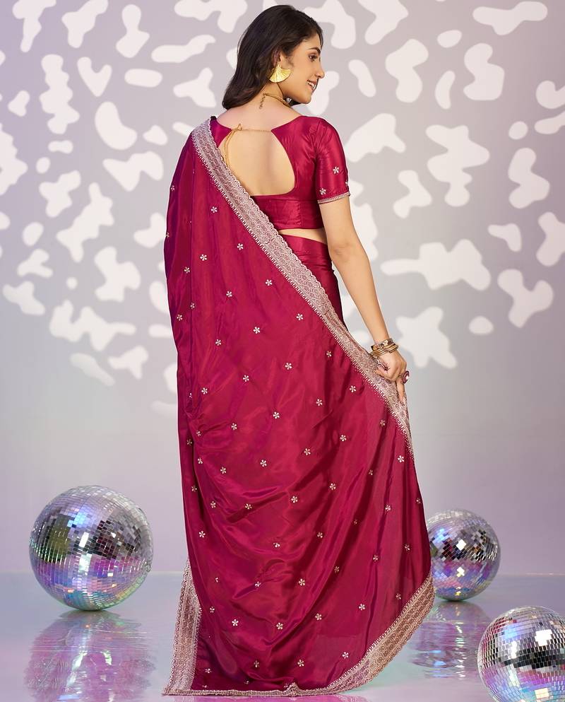 red color crepe fabric embroidery work ready to wear saree