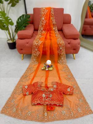 Orange organza silk blend saree with thread & sequin embroidery 3