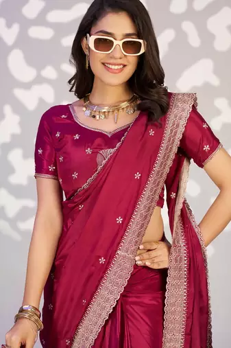red color crepe fabric embroidery work ready to wear saree