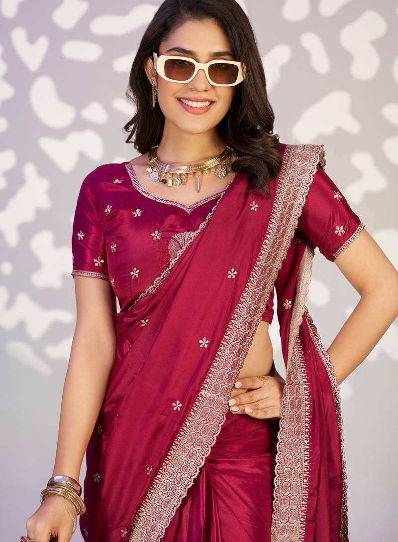 red color crepe fabric embroidery work ready to wear saree