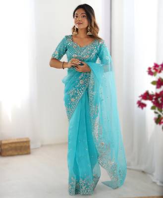 Sky blue organza silk blend saree with thread & sequin embroidery 1