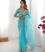 Sky blue heavy organza silk saree with thread & sequin embroidery