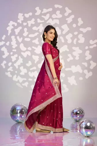 red color crepe fabric embroidery work ready to wear saree