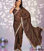 brown color crepe fabric embroidery work ready to wear saree