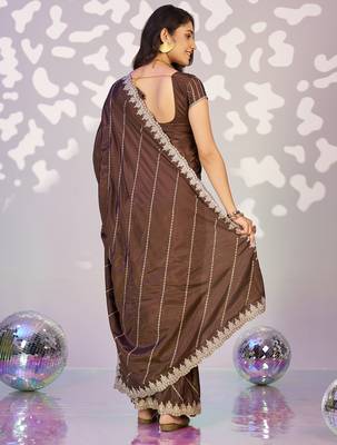 brown crepe embroidery work ready to wear saree 2
