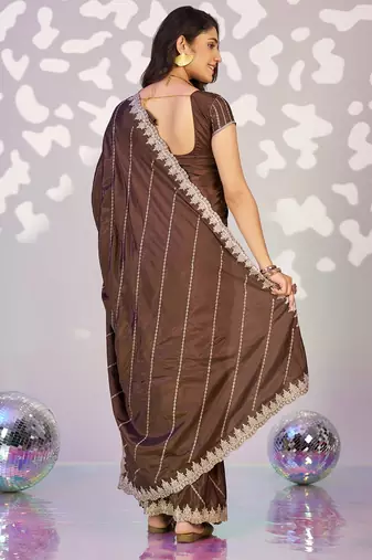brown crepe embroidery work ready to wear saree