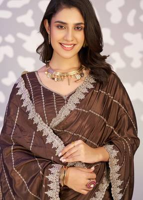 brown crepe embroidery work ready to wear saree 3
