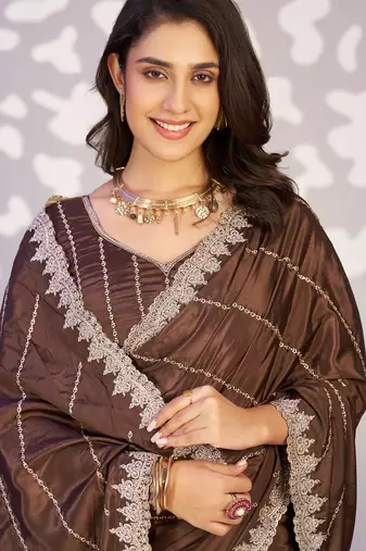 brown crepe embroidery work ready to wear saree