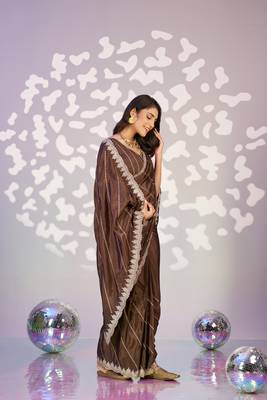 brown crepe embroidery work ready to wear saree 4