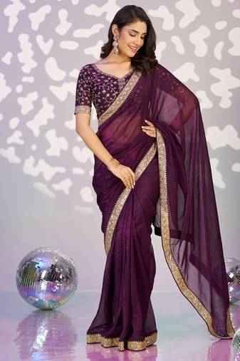 wine color crunchy fabric embroidery work ready to wear saree