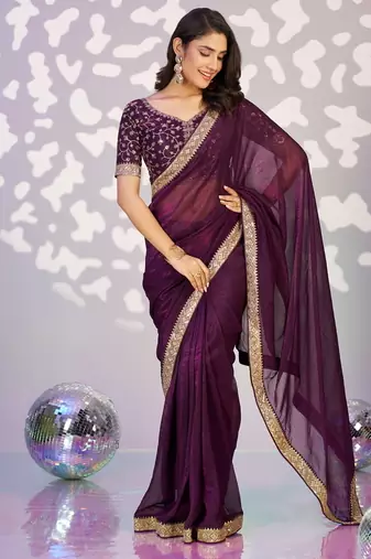 wine color crunchy fabric embroidery work ready to wear saree