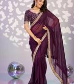 wine color crunchy fabric embroidery work ready to wear saree