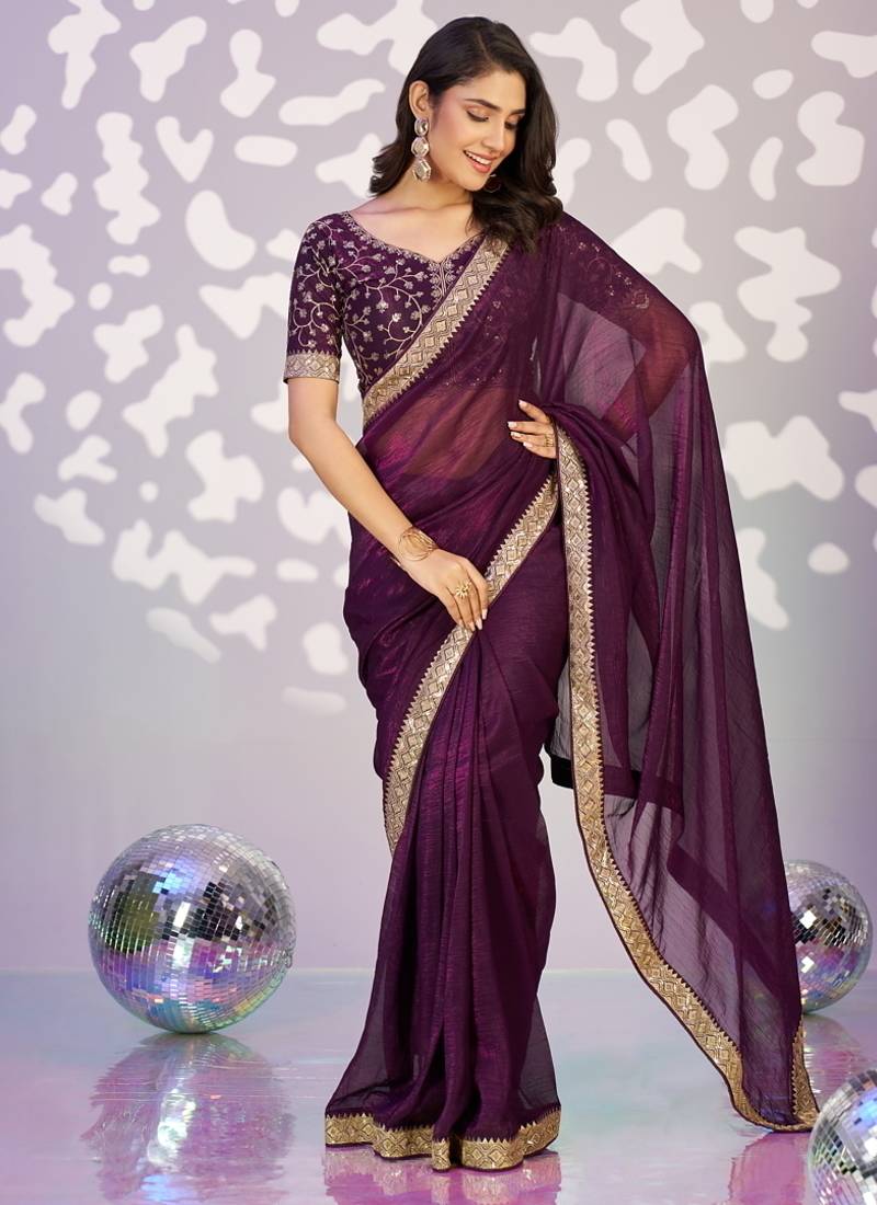 wine color crunchy fabric embroidery work ready to wear saree