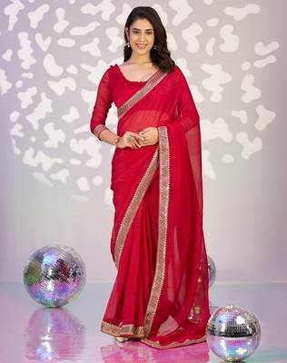 red crunchy embroidery work ready made saree 1