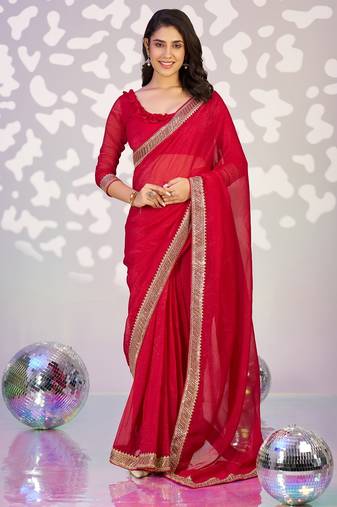 red color crunchy fabric embroidery work ready to wear saree