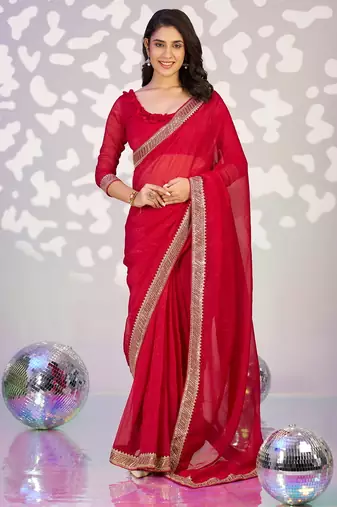red color crunchy fabric embroidery work ready to wear saree
