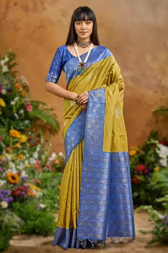 Yellow handloom weaving paper silk saree with matching paper silk blouse
