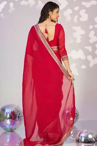 red crunchy embroidery work ready made saree