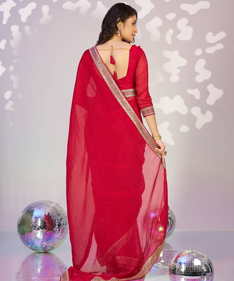 red color crunchy fabric embroidery work ready to wear saree