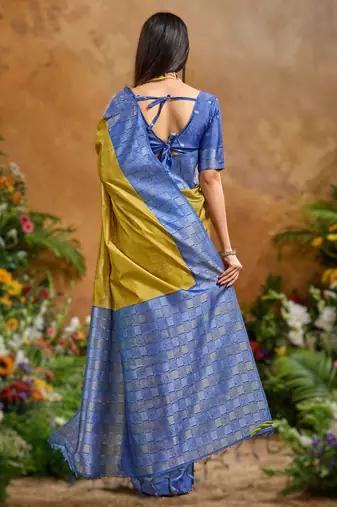 Yellow weaving paper silk blend saree with matching paper silk blend blouse