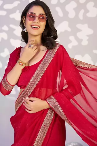 red crunchy embroidery work ready made saree