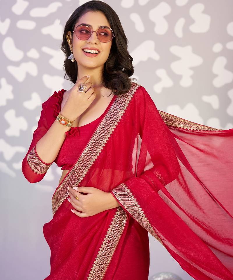 red color crunchy fabric embroidery work ready to wear saree