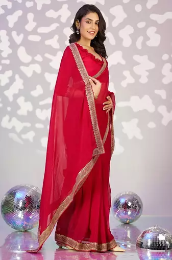 red crunchy embroidery work ready made saree