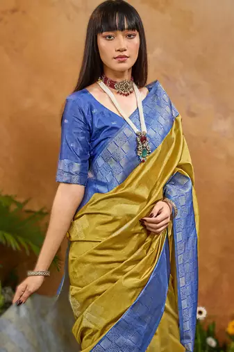 Yellow weaving paper silk blend saree with matching paper silk blend blouse