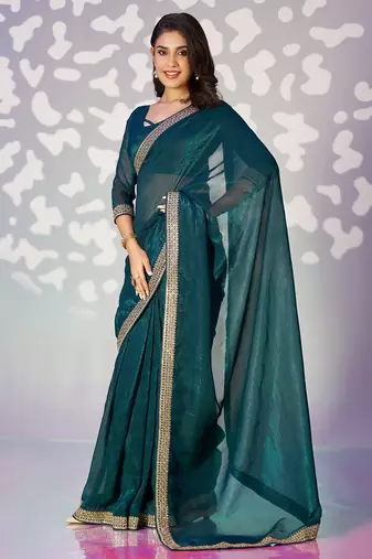 teal blue color crunchy fabric embroidery work ready to wear saree