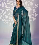 teal blue color crunchy fabric embroidery work ready to wear saree