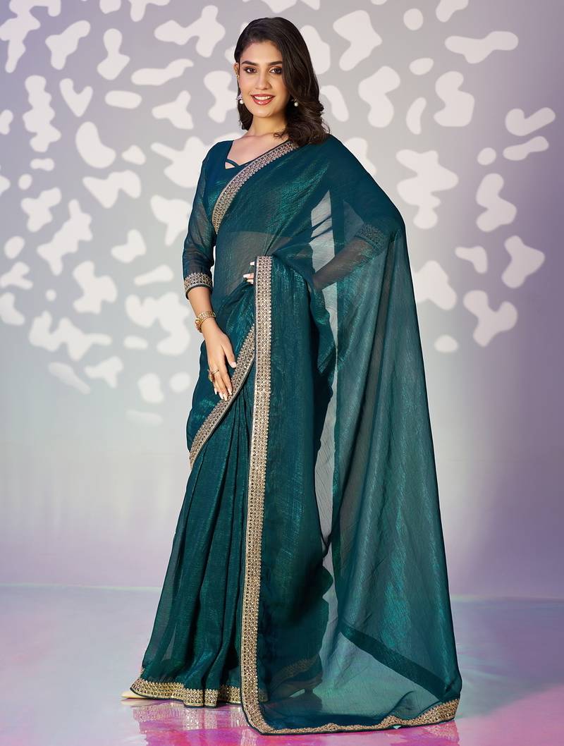 teal blue color crunchy fabric embroidery work ready to wear saree