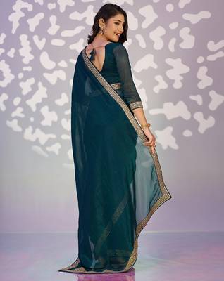 teal blue color crunchy fabric embroidery work ready to wear saree 2