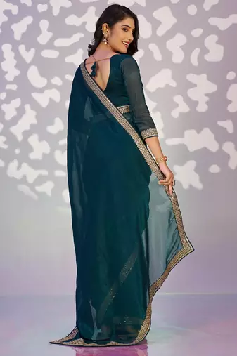 teal blue crunchy embroidery work pre-stitched saree
