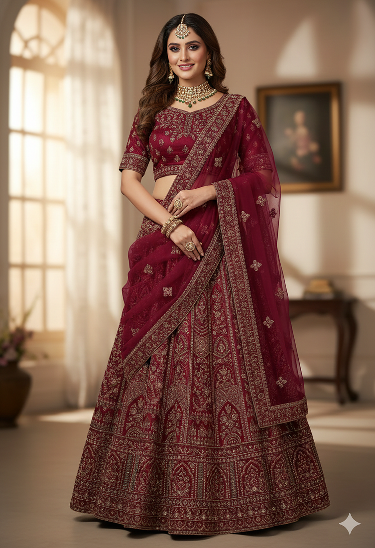 hot pink sequins velvet bridal lehenga set choli with dupatta with double dupatta