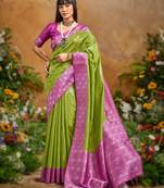 Green handloom weaving paper silk saree with matching paper silk blouse