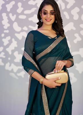 teal blue color crunchy fabric embroidery work ready to wear saree 3